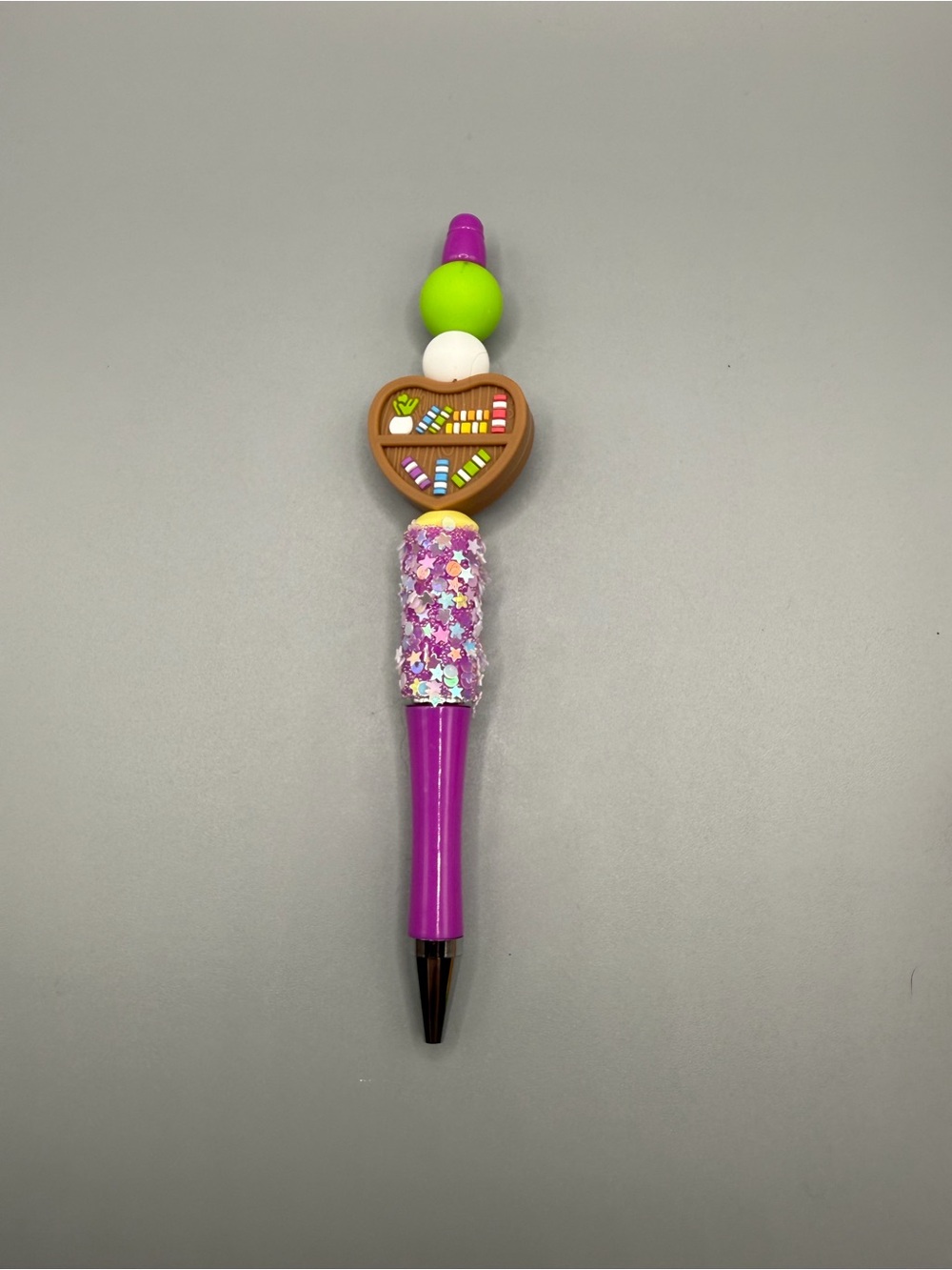 Purple Glitter Heart Bookcase Pen  - Handmade #O0155C